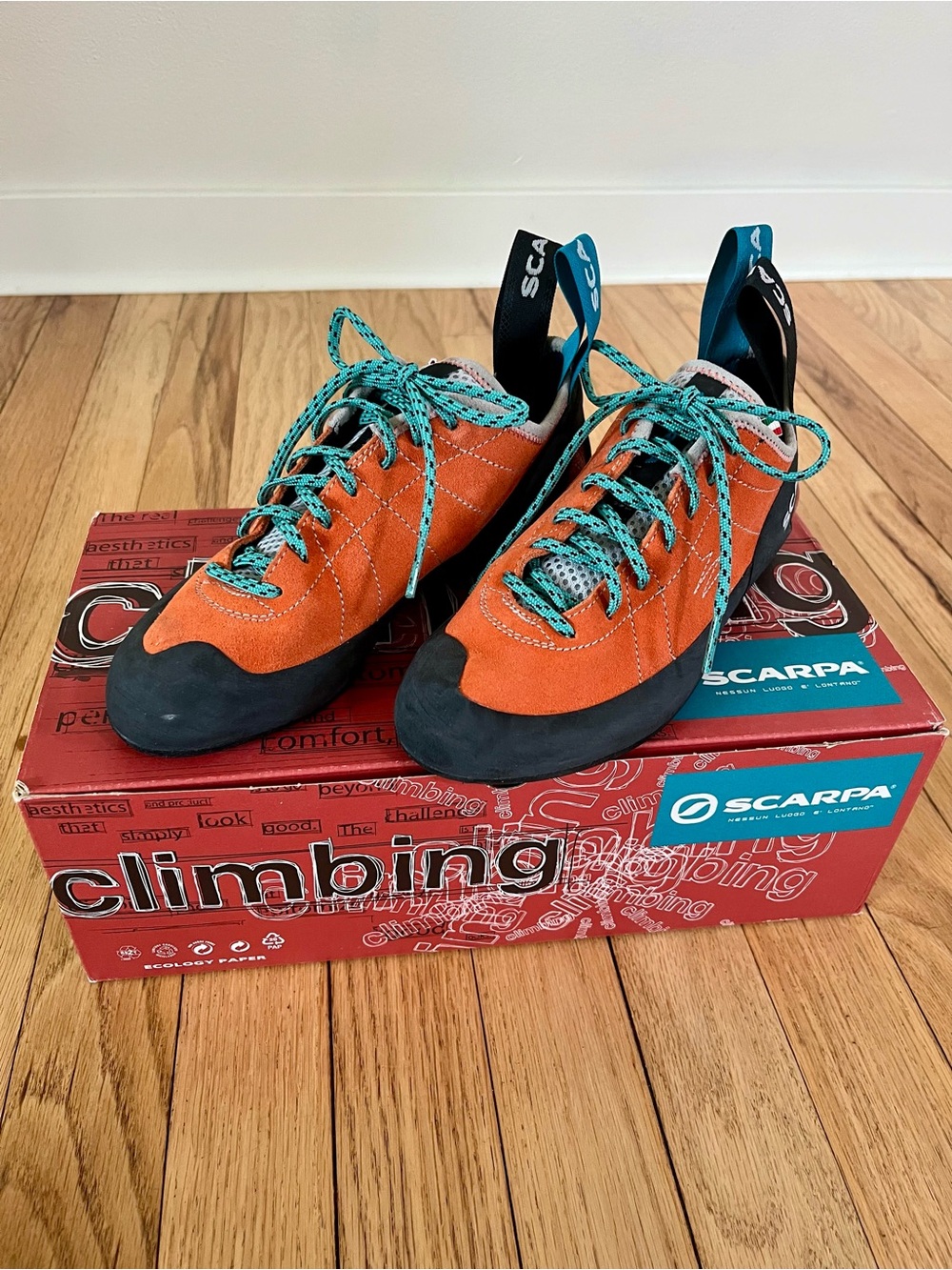 Scarpa Helix Orange Suede Climbing Shoes with Teal Laces
